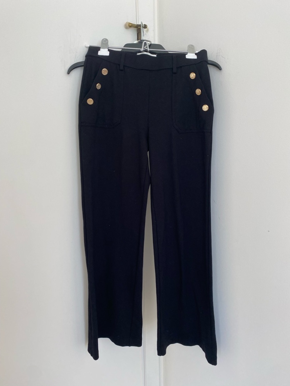 Nautical Sailor Straight-Leg Black Knit Pants Gold Buttons Pockets Stretch Prep